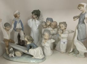 Lladro figures including; ‘Singing Angels’, 19cm high, three similar, ‘Maiden with goose’,25cm high;