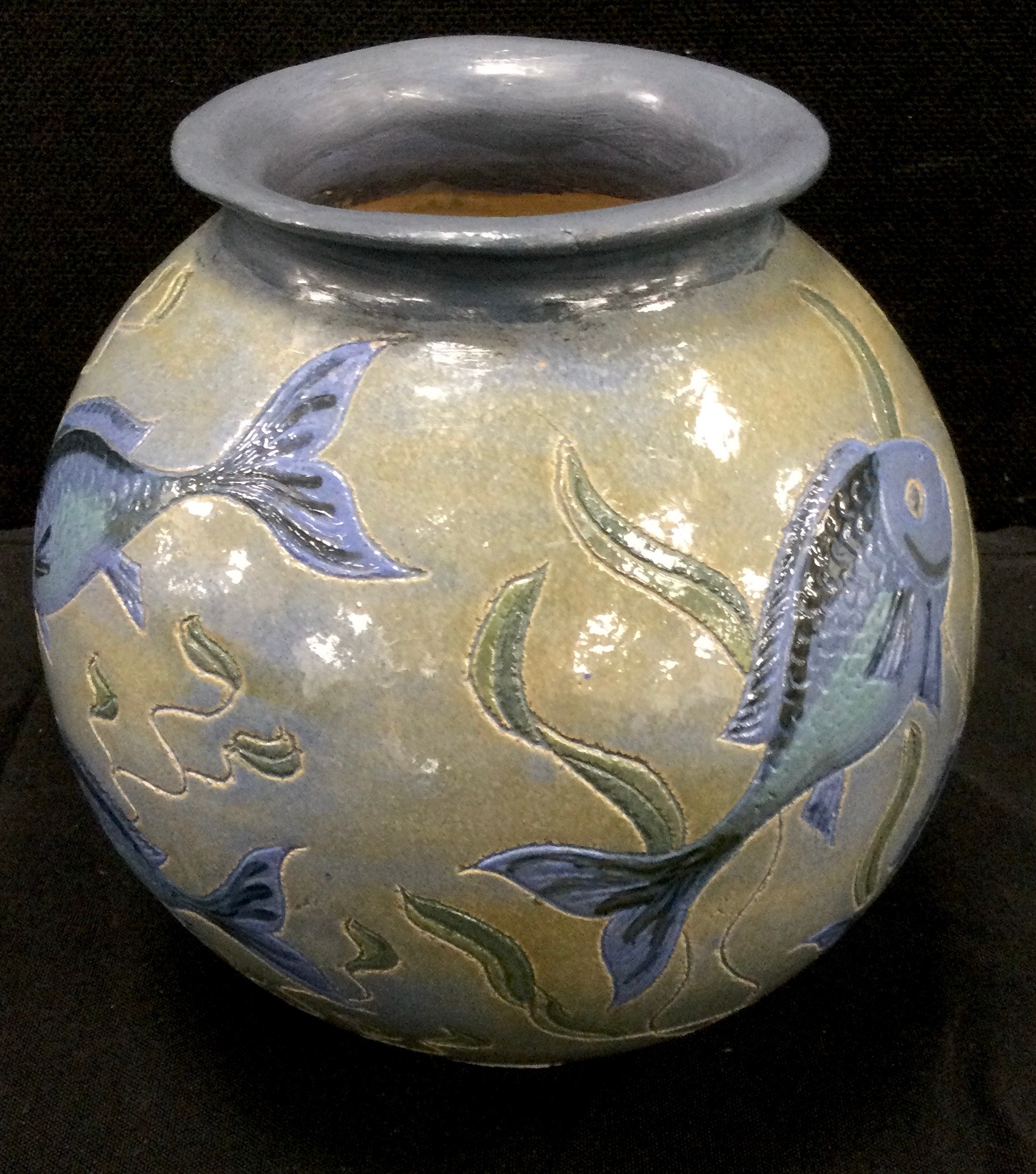 A Sgraffito aquarium globular vase, fish and seaweed, blue and green ground, 17cm high, signed S