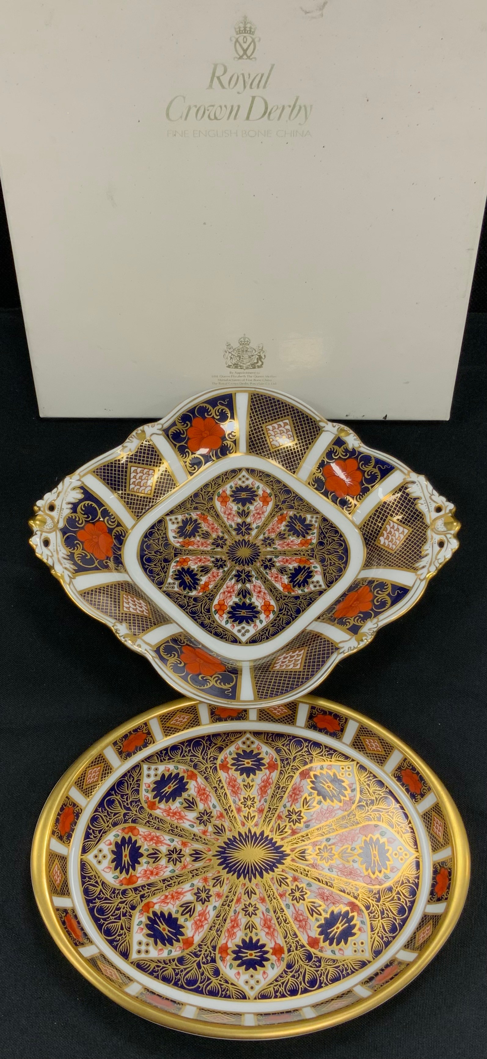 Royal Crown Derby 1128 pattern quarter lobed twin handled dish, 23cm long, oval dish, 20cm long,
