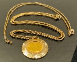 A Victorian Sovereign, Melbourne mint, 1896, later 9ct gold mount and chain, 15g gross