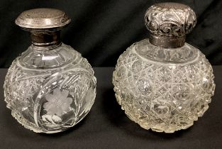 A Victorian cut glass globular scent bottle, silver top, Birmingham 1898, another marks worn (2)