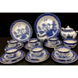 A Booths Real Old Willow pattern six setting tea set inc teapot, large plate, cups saucers, side