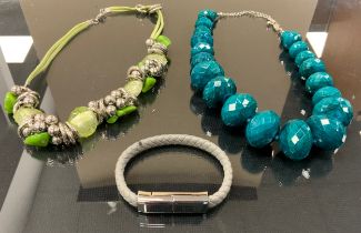 Jewellery - a plaited grey leather bracelet, USB style clasp; two bead necklaces in tones of