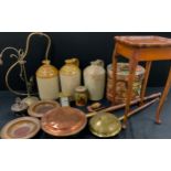 Boxes and objects - stoneware flagons, copper bed warmers, a pair of turned oak bowl, 23cm dia,