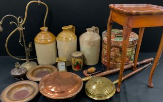 Boxes and objects - stoneware flagons, copper bed warmers, a pair of turned oak bowl, 23cm dia,