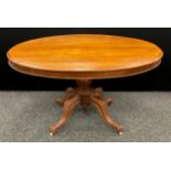 A Late Victorian mahogany Loo Table, oval top tilt-top, turned pedestal base with four carved,