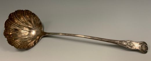 A George III silver Kings pattern soup ladle, shell shaped bowl, monogrammed GLL, marks worn