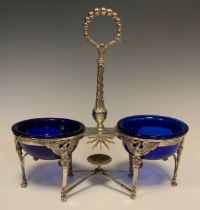 A French Napoleon I silver and blue glass two section table salt, indistinct Paris purity marks, c.