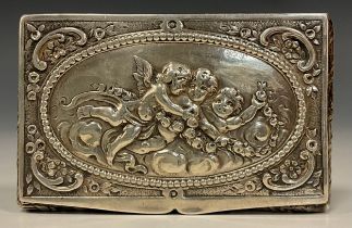 A 19th century embossed 800 grade silver snuff box, with oval roundel decorated with Cavorting
