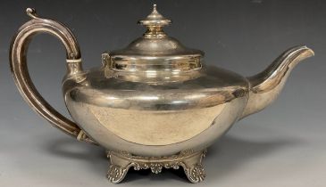 A William IV silver teapot, plain ovoid body, arched handle with slightly of set thumb piece, ornate