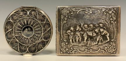 A German 800 silver card case/snuff box embossed with a corporal punishment scene, gilt interior,