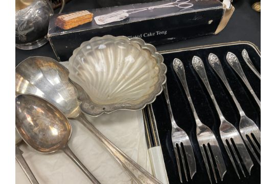 Copper and plate including; three copper kettles, flatware, a set of six desert knives, other - Image 3 of 5