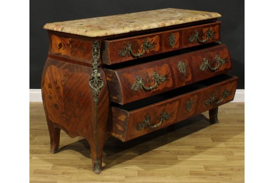 A Louis XV Revival gilt metal mounted kingwood and marquetry bombe commode, marble top above three - Image 3 of 5