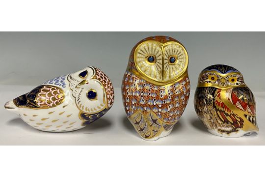 A Royal Crown Derby paperweight, Barn Owl, designed by John Ablitt, gold stopper; others, Little