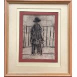 After L. S. Lowry (1887-1976) Man Leaning against Railings signed, dated 1954, mixed media, 23cm x