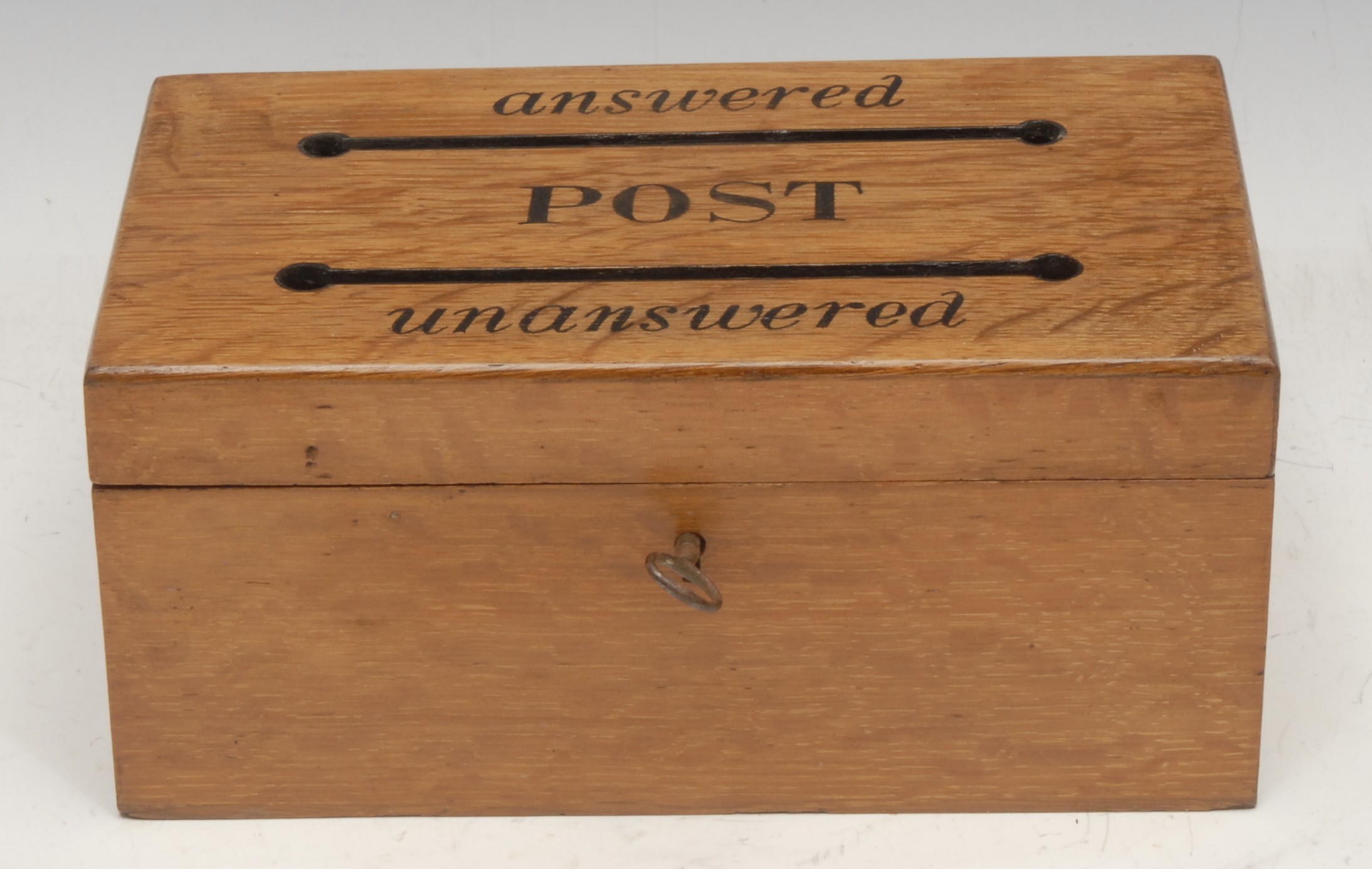 A late Victorian oak country house post box, hinged cover with two letter apertures inscribed