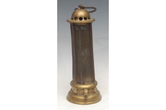 A 19th century Davy type brass miner's lamp, inscribed J Mills, Newcastle, domed pierced top, - Image 1 of 3