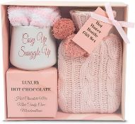 Hot Chocolate Gift Set with Mug | Small Hot Water Bottle with Cover | Fluffy Socks | Cosy Pink
