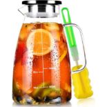 Water Jug, 2 L Glass Jug with Lid and Precise Scale Line, Stainless Steel Iced Tea Pitcher