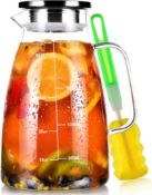 Water Jug, 2 L Glass Jug with Lid and Precise Scale Line, Stainless Steel Iced Tea Pitcher