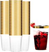 RRP £20.99 Tebery 100 Pack Gold Plastic Cups Tumblers, 10oz Clear Reusable Wedding Cups Elegant