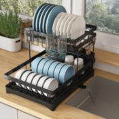 RRP £25.99 COVAODQ Dish Drainer Rack,2 Tier Dish Drying Rack Drip Tray,with Removable Drain Pan&