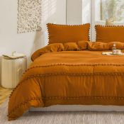 RRP £37.99 Herside Burnt Orange Duvet Cover Set, King Size, Boho Bedding Pom Poms Fringed Design