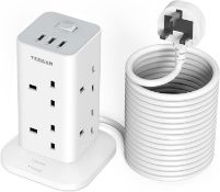 RRP £39.99 Extension Lead 10M with 3 USB Slots, TESSAN 8 Way Multi Plug Extension Socket Tower,