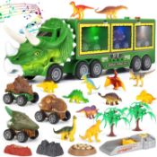 RRP £60 Set of 3 x Aoskie Dinosaur Toys for Kids 3-7, Transporter Truck with Roar Sound & Lights,