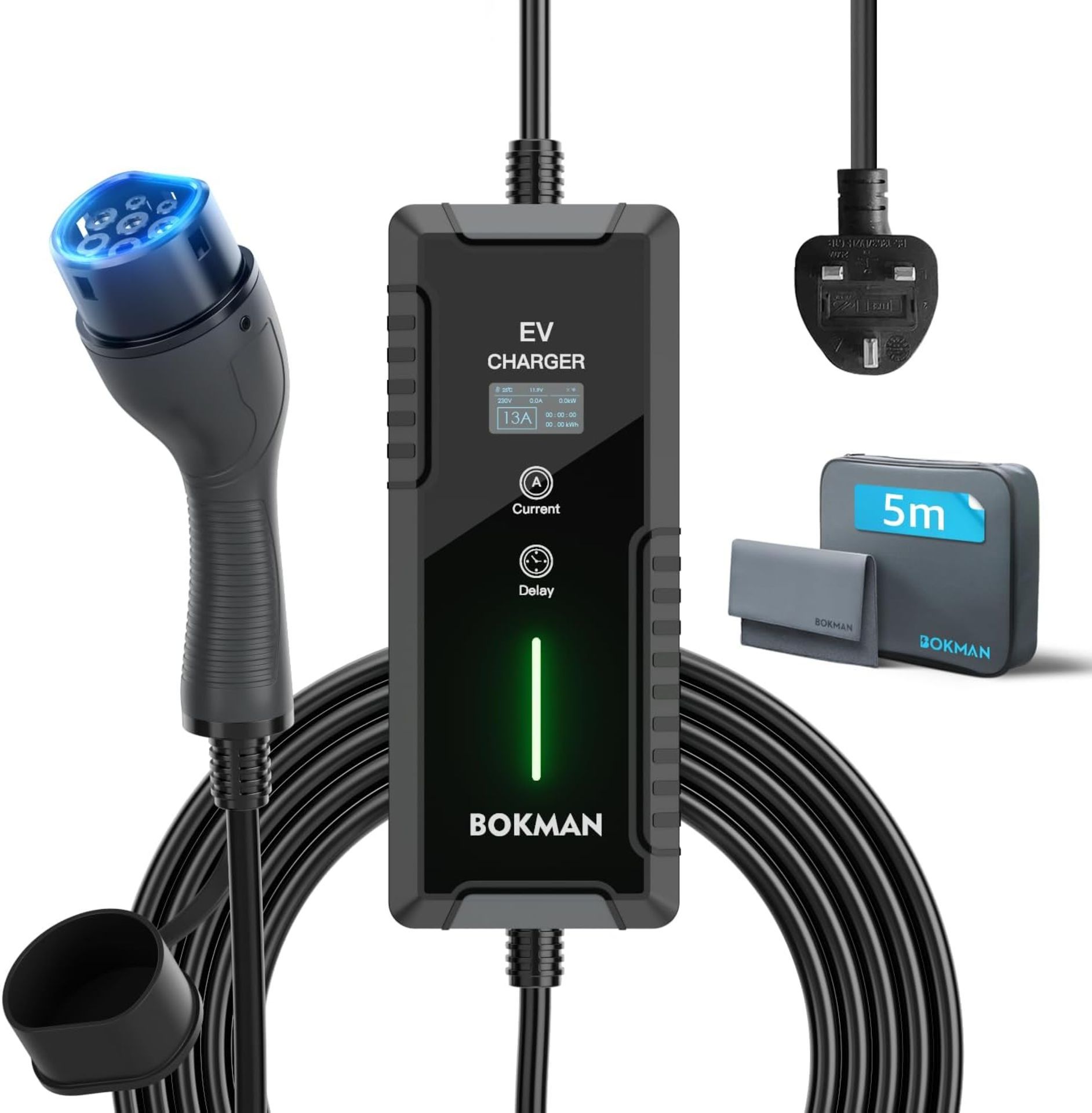 RRP £89.99 bokman Portable EV Charger UK 3 Pin, 5 Meters | 6/8/10/13A | 3.3kW | IP67 Waterproof,