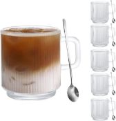 D.M DESIGN·MASTER [6 Pack, 12 OZ - Premium Vertical Stripes Glass Coffee Mugs with Spoon.