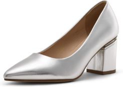 RRP £29.99 DREAM PAIRS Women's Block Heel Smart Comfort Padded Court Shoes SDPU2227W-E,Silver/PU,