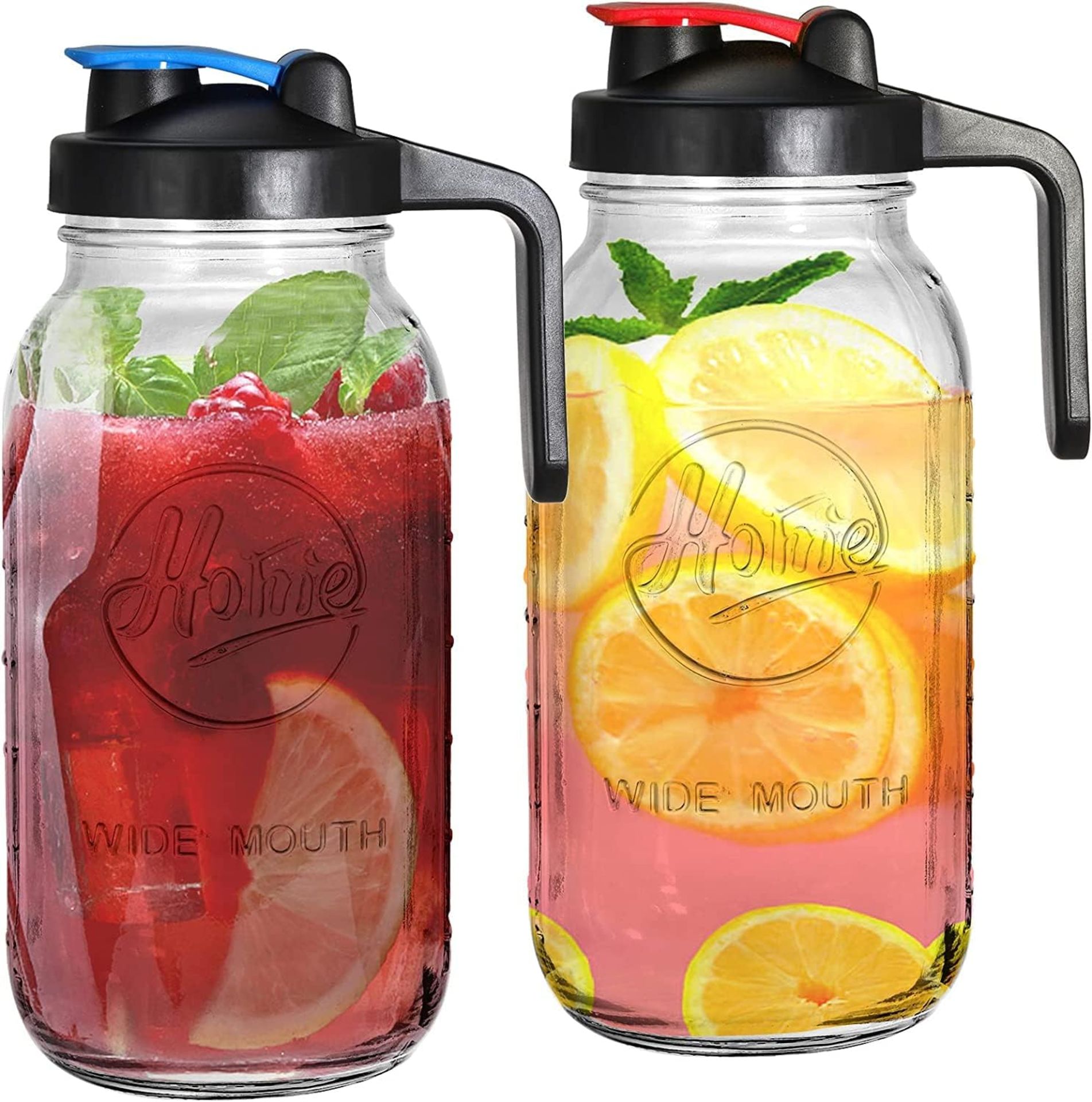 RRP £23.99 Tebery 2 Pack 1.9L Wide Mouth Glass Mason Jar Pitcher with Handle Lids, 64oz Water Carafe