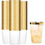 RRP £23.99 Tebery 100 Pack Gold Rimmed Plastic Cups, 12oz Clear Crystal Plastic Tumblers Cups, 350