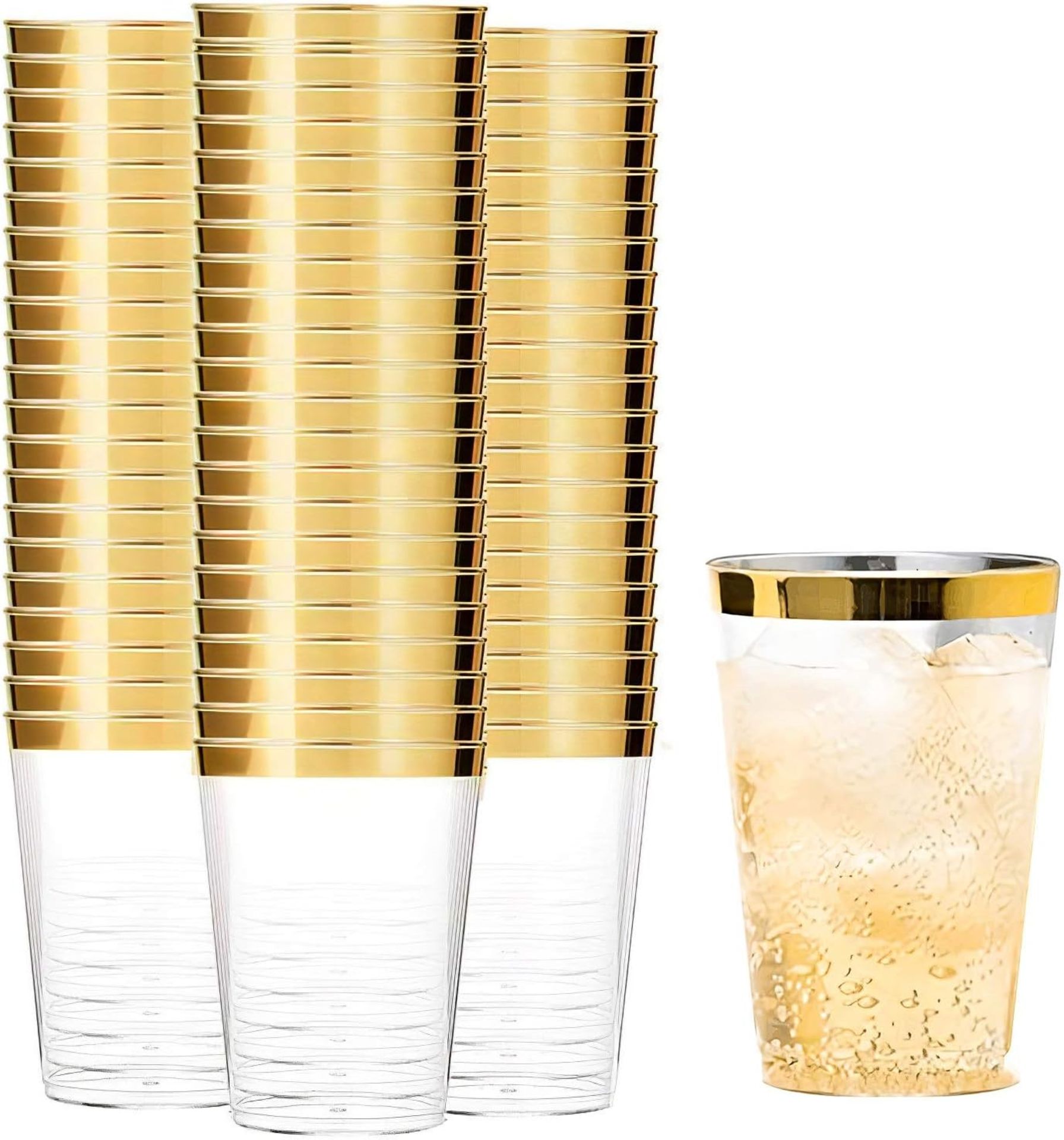RRP £23.99 Tebery 100 Pack Gold Rimmed Plastic Cups, 12oz Clear Crystal Plastic Tumblers Cups, 350