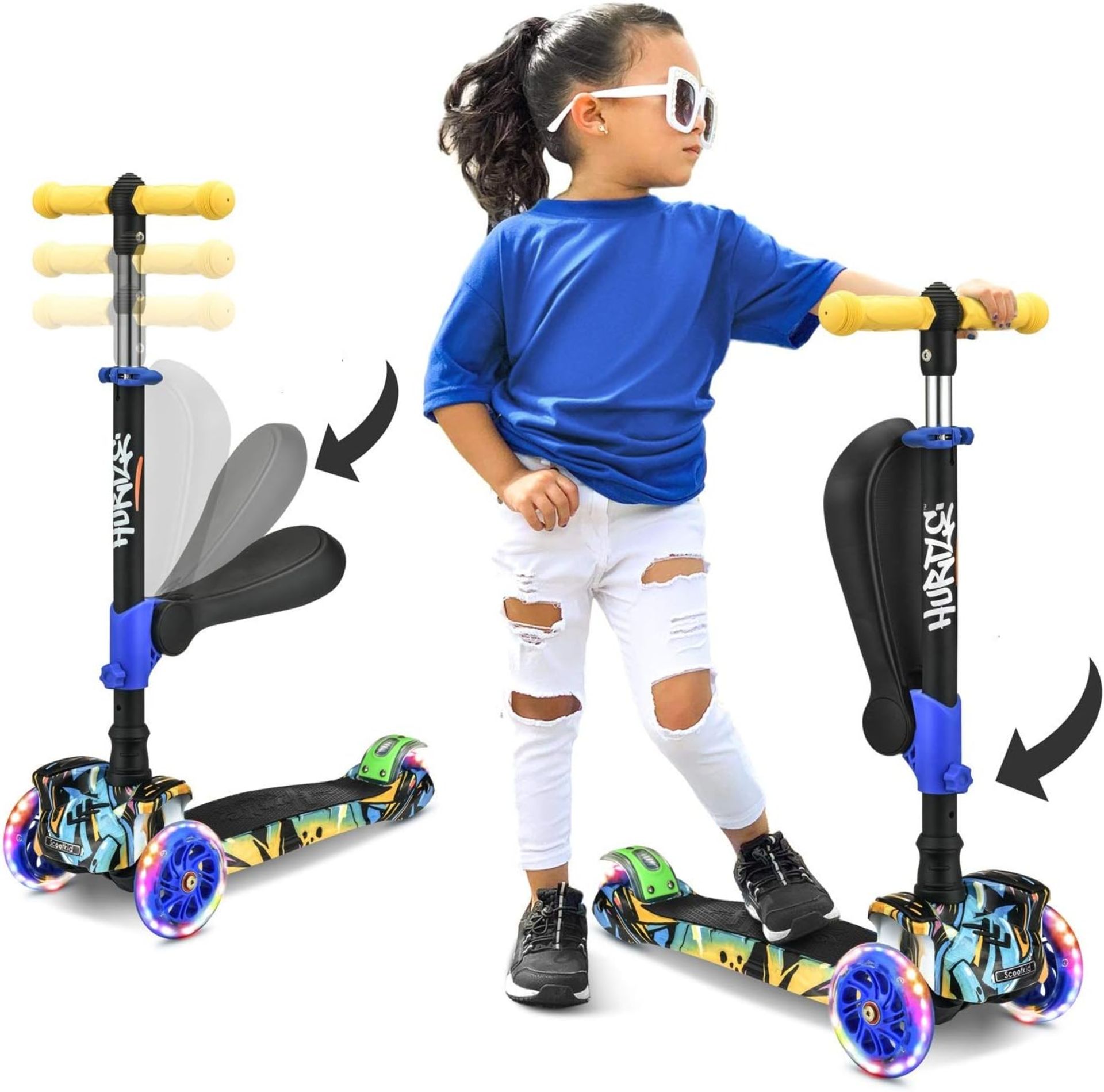RRP £50.99 Hurtle, 3 Wheeled Kids Scooter, Foldable Kick Scooter w/Flip-able Seat, Flashing