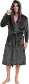 RRP £23.99 Lovasy Men's Dressing Gown with Hood Warm Fleece Bathrobe, M