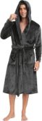 RRP £23.99 Lovasy Men's Dressing Gown with Hood Warm Fleece Bathrobe, L