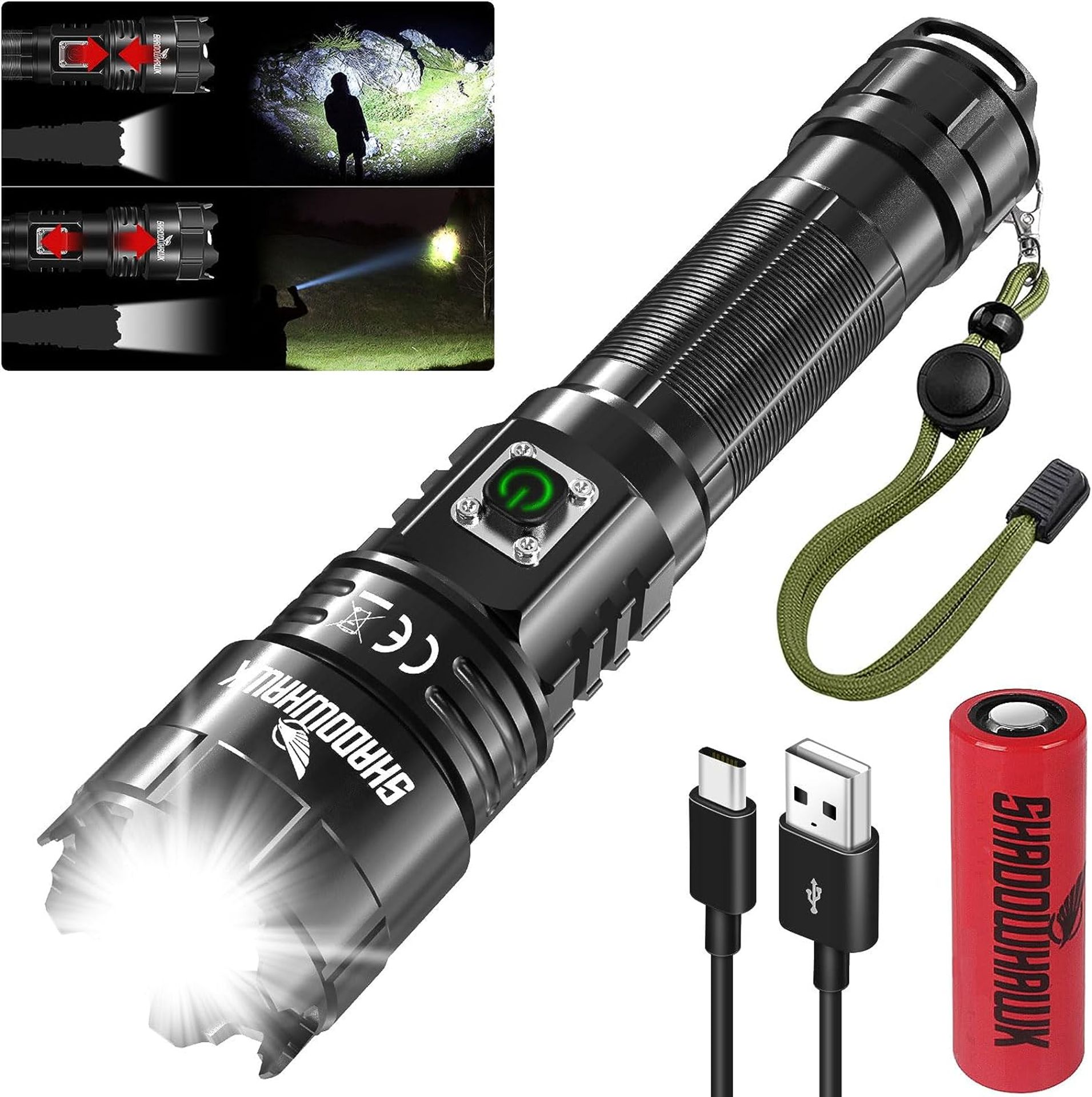 RRP £34.99 Shadowhawk Torches LED Super Bright, 30000 Lumens Rechargeable LED Torch, USB Tactical