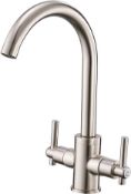 RRP £45.99 Heable Kitchen Mixer Tap Dual Lever Monobloc Swivel Spout Brushed Nickel Sink Taps