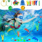 RRP £60 Set of 4 x Faburo 20PCS Swimming Pool Toys, Diving Toys Set Including Diving Rings, Seaweed,