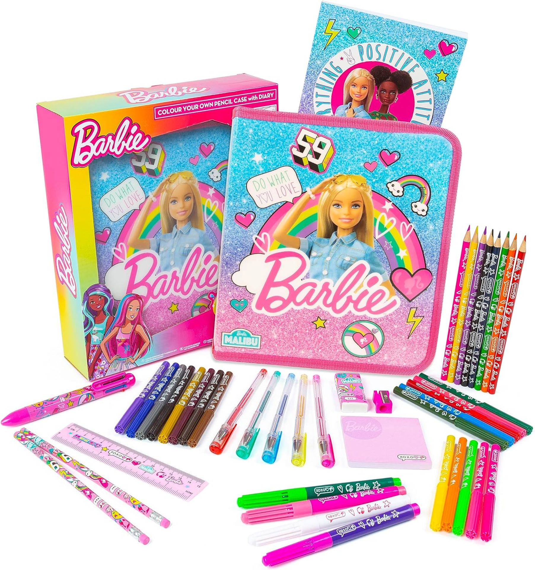 RRP £19.99 Barbie Filled Pencil Case for Girls - School Supplies - Stationery Set With Colour Your