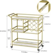 RRP £84.99 DAWNYIELD 3 Tier Mobile Drinks Trolley Bar Serving Cart on Wheels - Gold