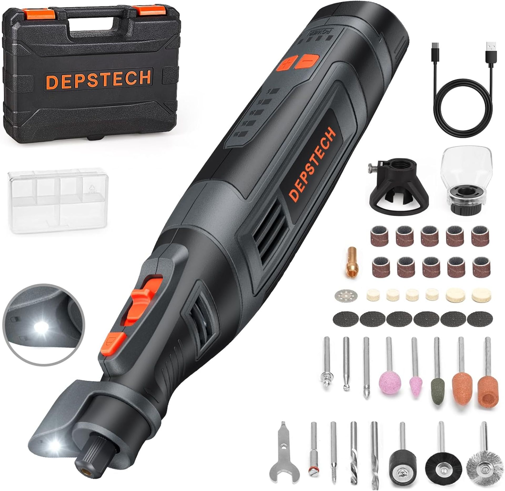 RRP £65.99 DEPSTECH Cordless Rotary Tool, 8V 2.5Ah Larger Battery, 5-Speed 30000RPM Max, LED Work