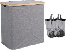 RRP £24.99 Laundry Hamper 98L, 2 compartment Laundry Baskets with Lid and Bamboo Handles Laundry Bin
