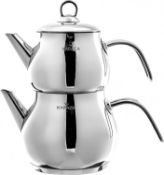KARACA Layla Turkish Tea Pot Set, 1 Lt 2.2 lb Teapot & 1.75 Lt 3.85 lb Kettle, 18/10 Stainless