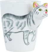 RRP £38 Set of 2 x Servette Home Ceramic 3D Cat Coffee Mugs - White Cat Cup