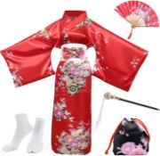 RRP £69 Set of 3 x PLULON 5Pcs Japanese Robe Geisha Yukata Dress Blossom Satin Bathrobe with