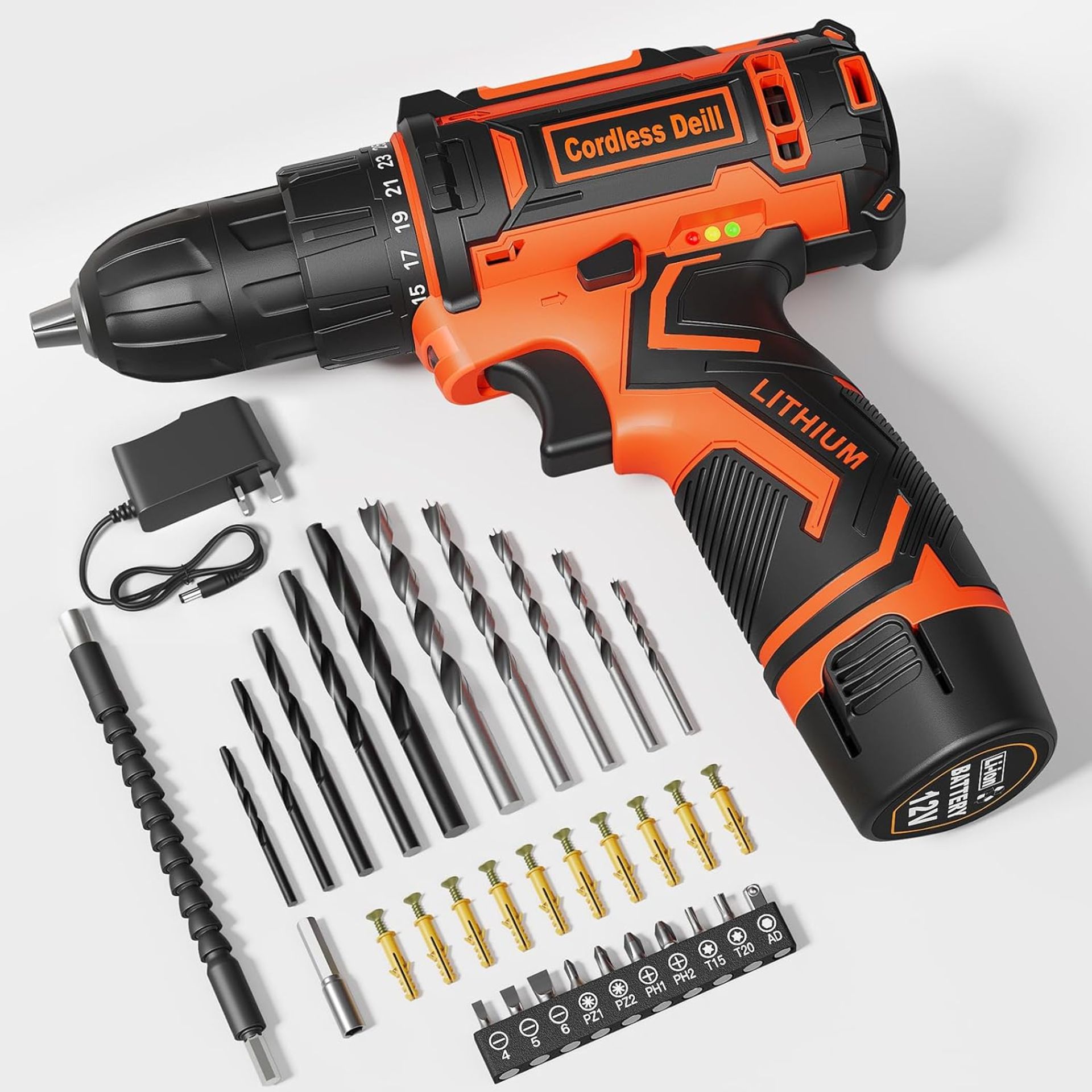 Cordless Drill, 12V Drill Set Electric Screwdriver, 25Nm Power Tools Mini Electric Drill Driver, 2.