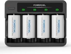 RRP £33.99 POWEROWL Rechargeable D Batteries with 4 Bay Battery Charger, USB Quick Charging - D-